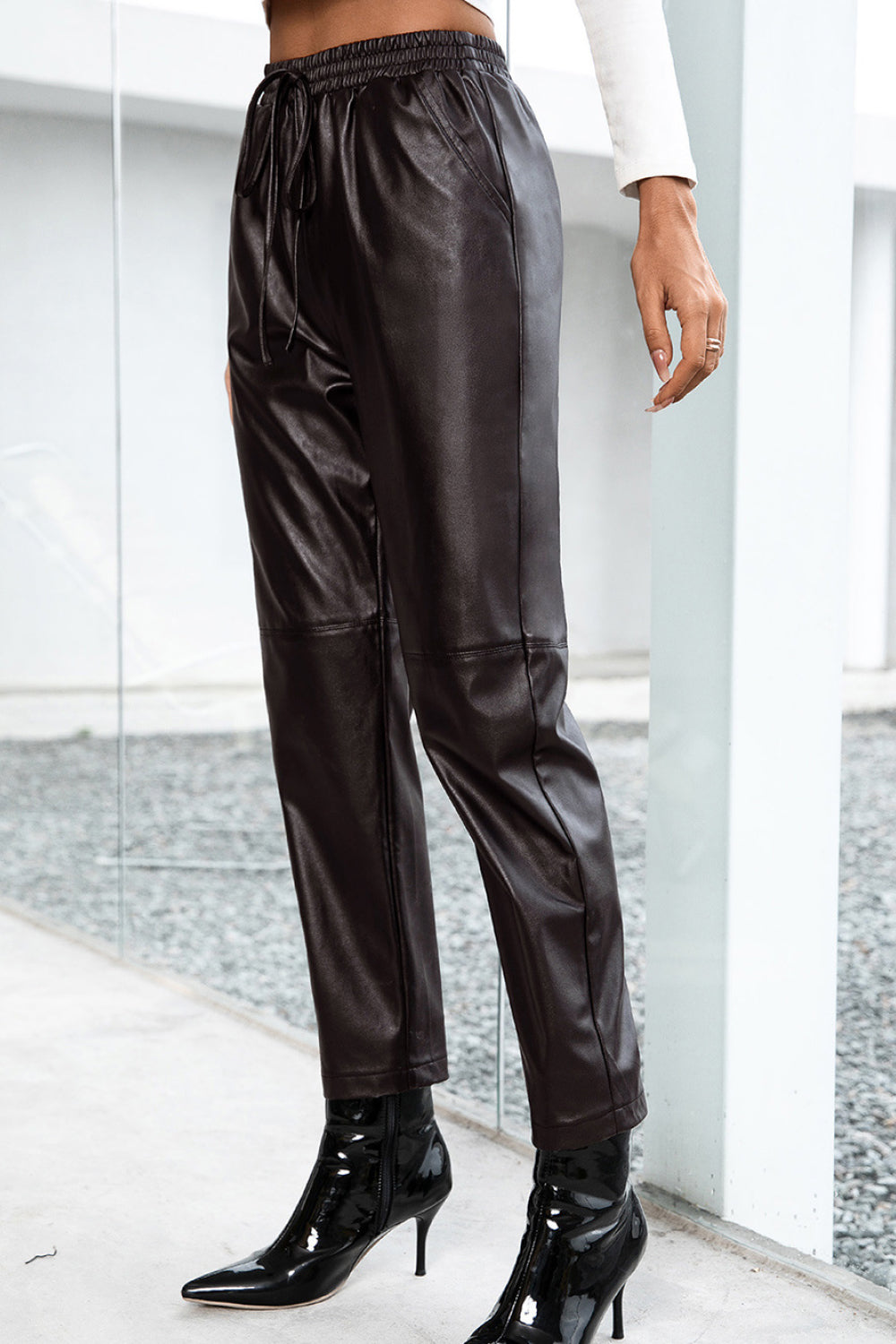 Seamed Elastic Waist PU Leather Pants