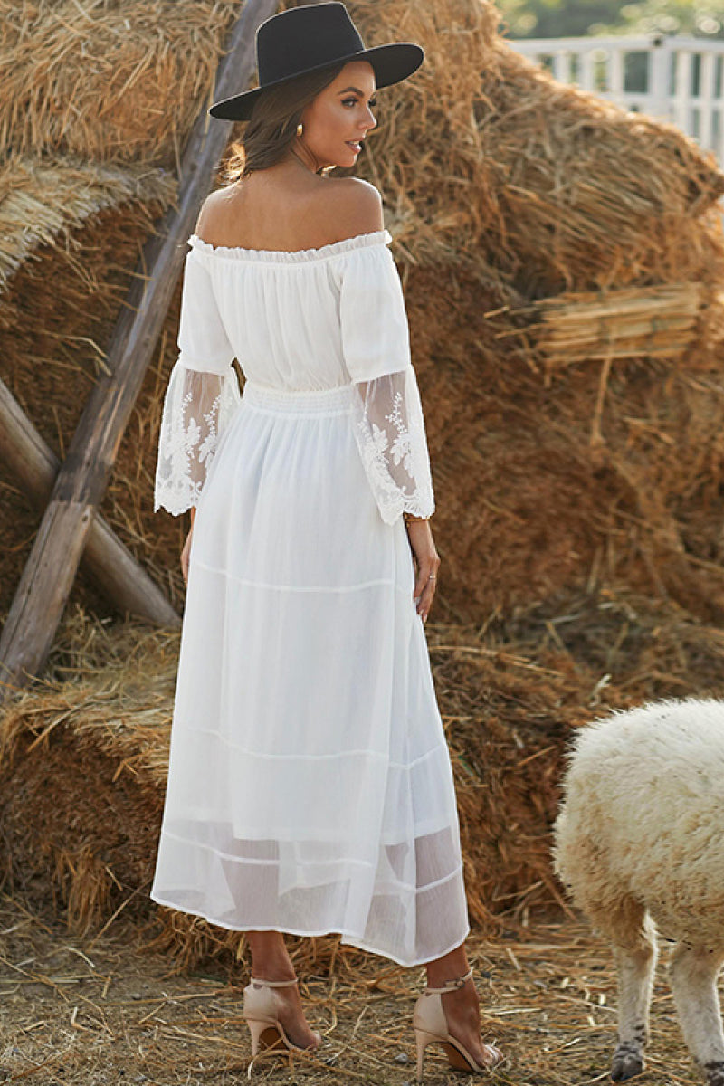 Off Shoulder Embroidered Lace Maxi Dress