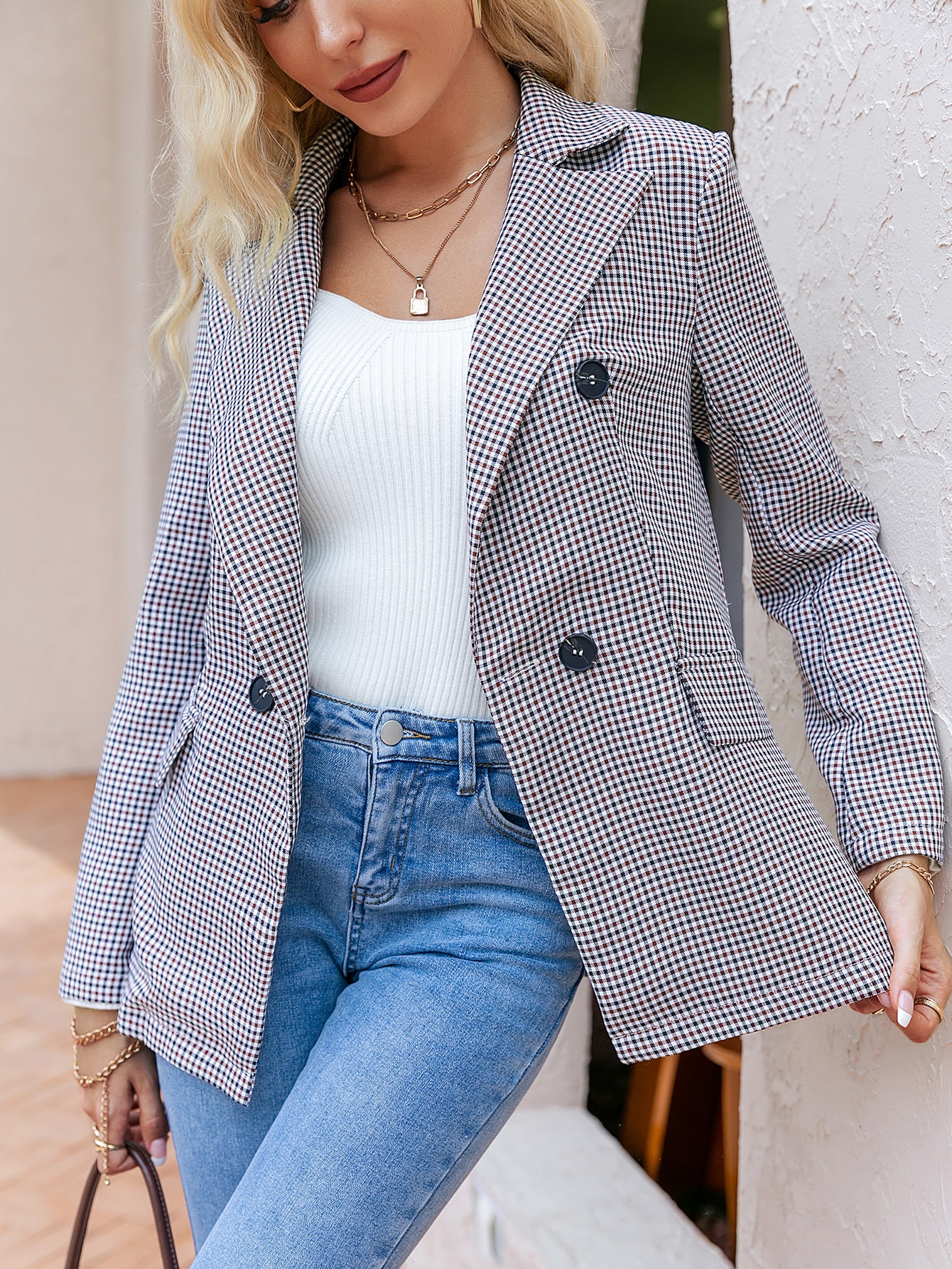 Plaid Double-Breasted Blazer (Belt Not Included)