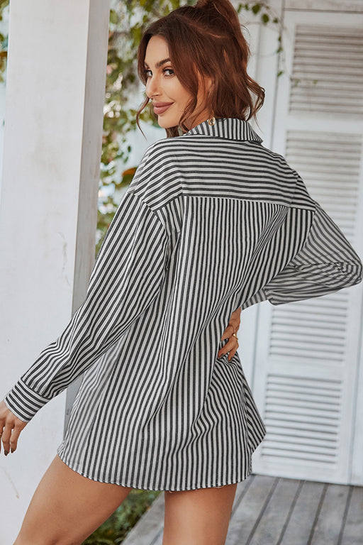 Vertical Stripes Button Down Shirt with Pocket Vertical Stripes Button Down Shirt with Pocket - M&R CORNER Trendsi