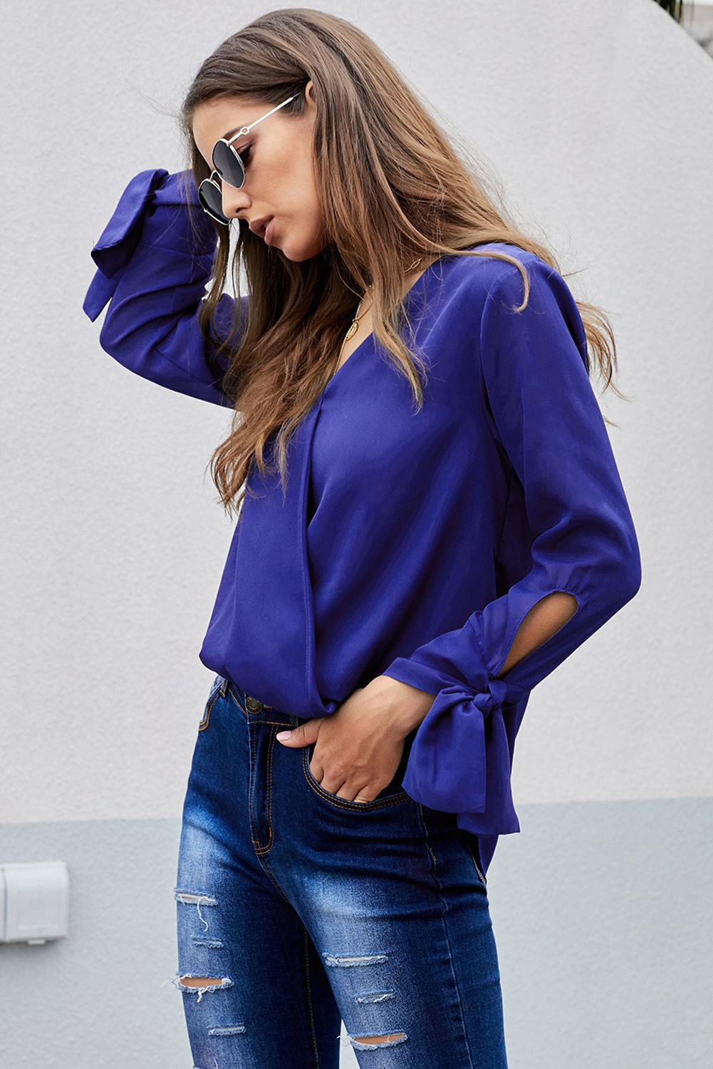 V Neck Ruched Tie Sleeve Top