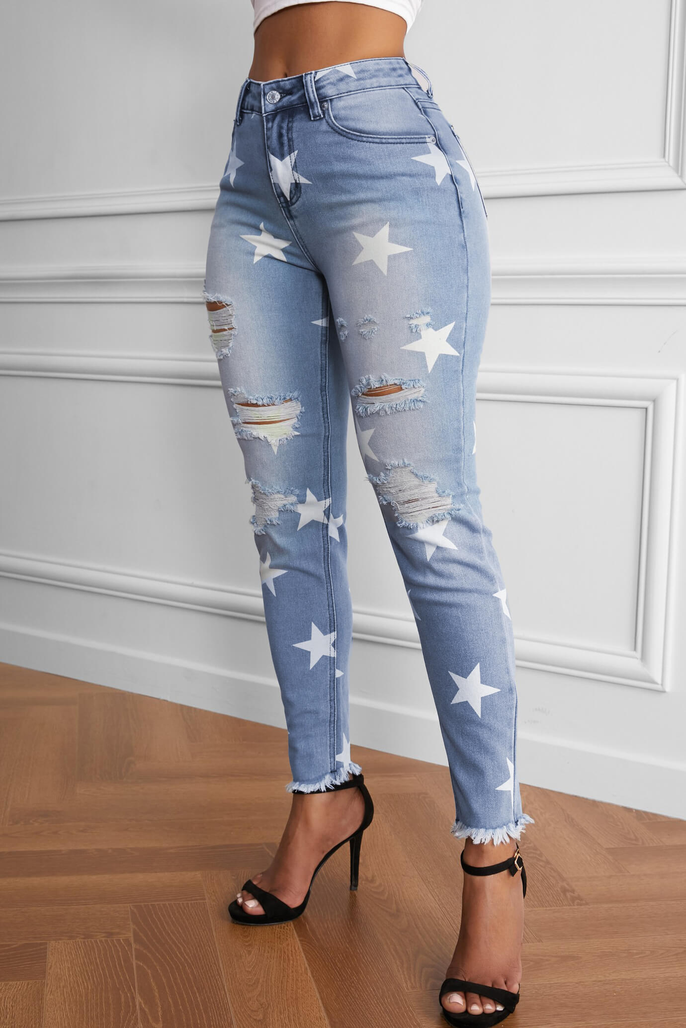 Ripped Star Print Jeans