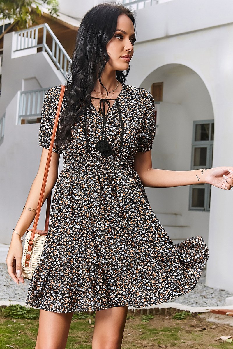 Floral Tie Neck Ruffled Dress