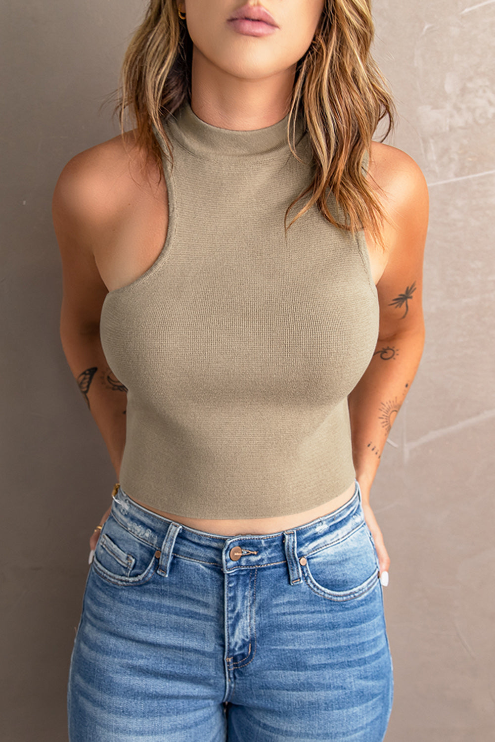 Ribbed Mock Neck Sleeveless Cropped Top