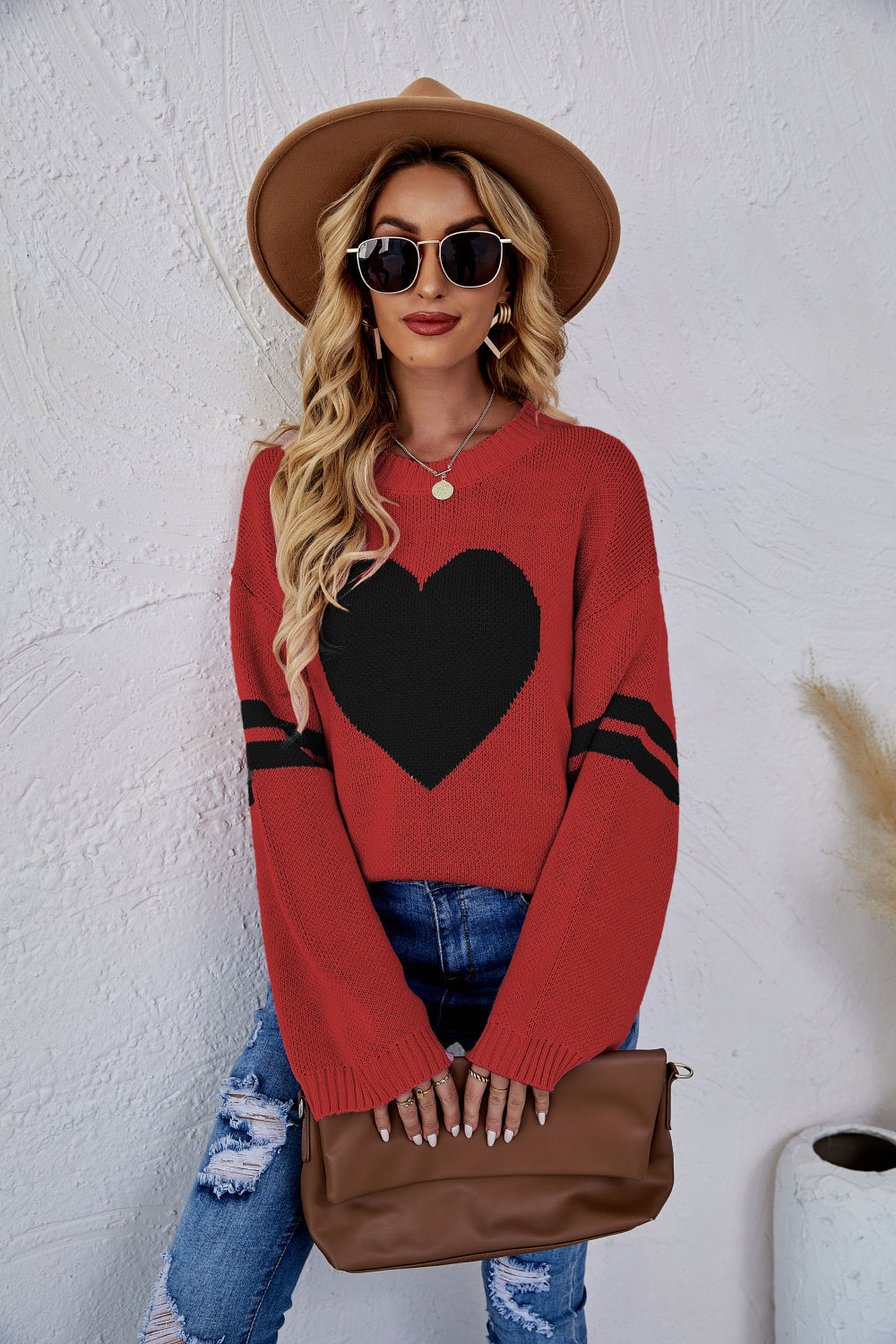 Heart Graphic Long Sleeve Ribbed Trim Sweater
