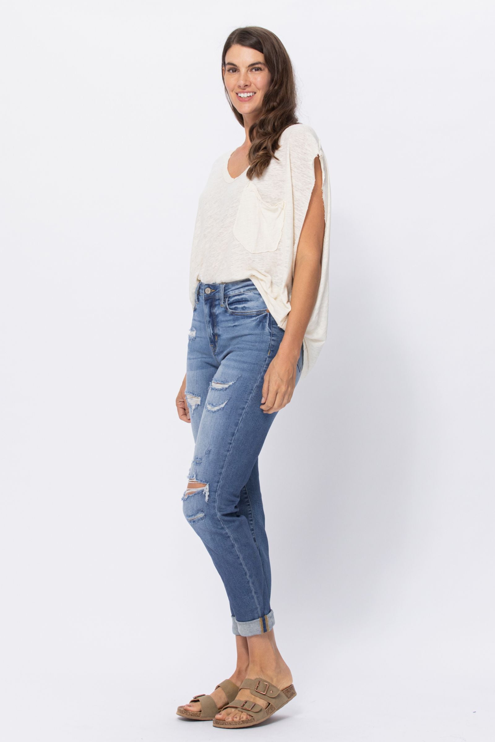 Judy Blue Mid Rise Cuffed Distressed Jeans Judy Blue Mid Rise Cuffed Distressed Jeans - M&R CORNER Trendsi