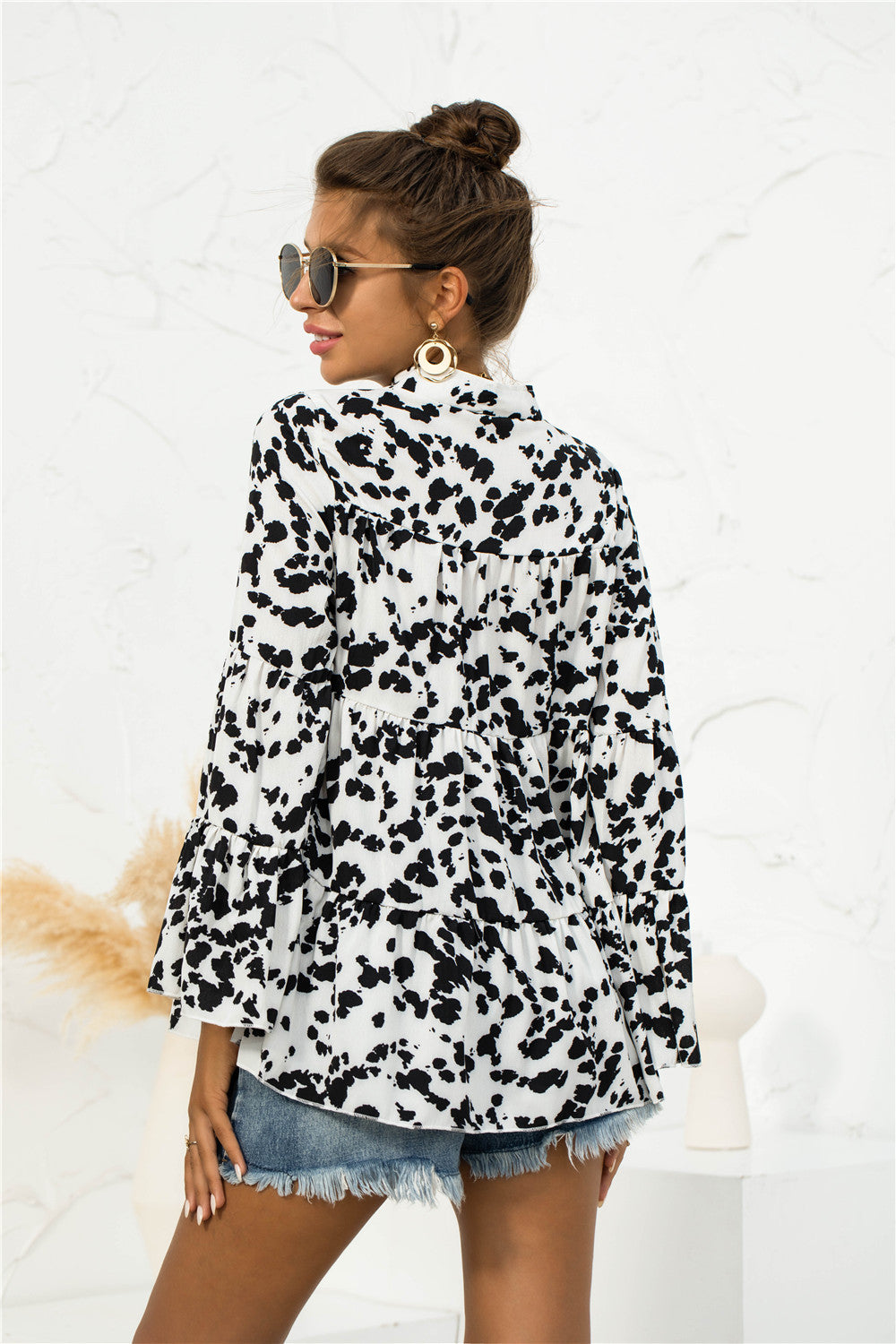 Leopard Flare Sleeve Layered Smock Top
