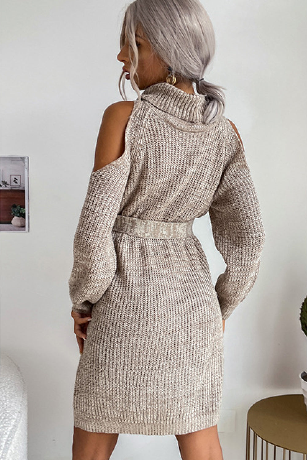 Cold Shoulder Turtleneck Sweater Dress Cold Shoulder Turtleneck Sweater Dress - M&R CORNER Trendsi