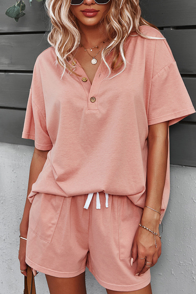 Button Up T-Shirt and Pocketed Shorts Lounge Set