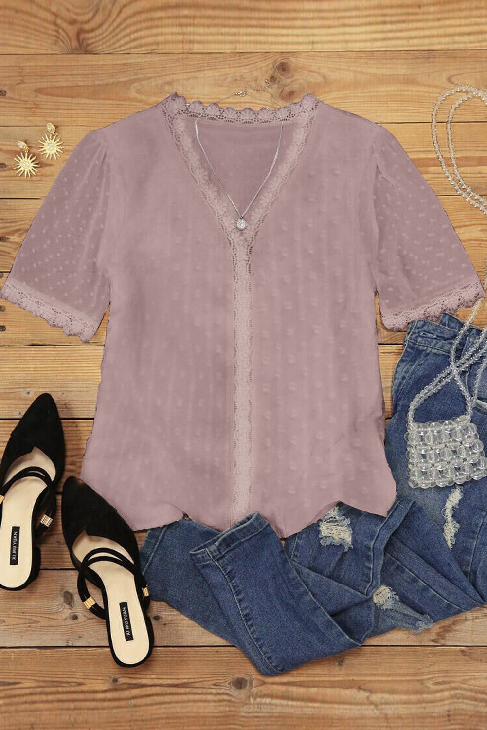 Lace Splicing V-Neck Swiss Dot Top Lace Splicing V-Neck Swiss Dot Top - M&R CORNERTop Trendsi