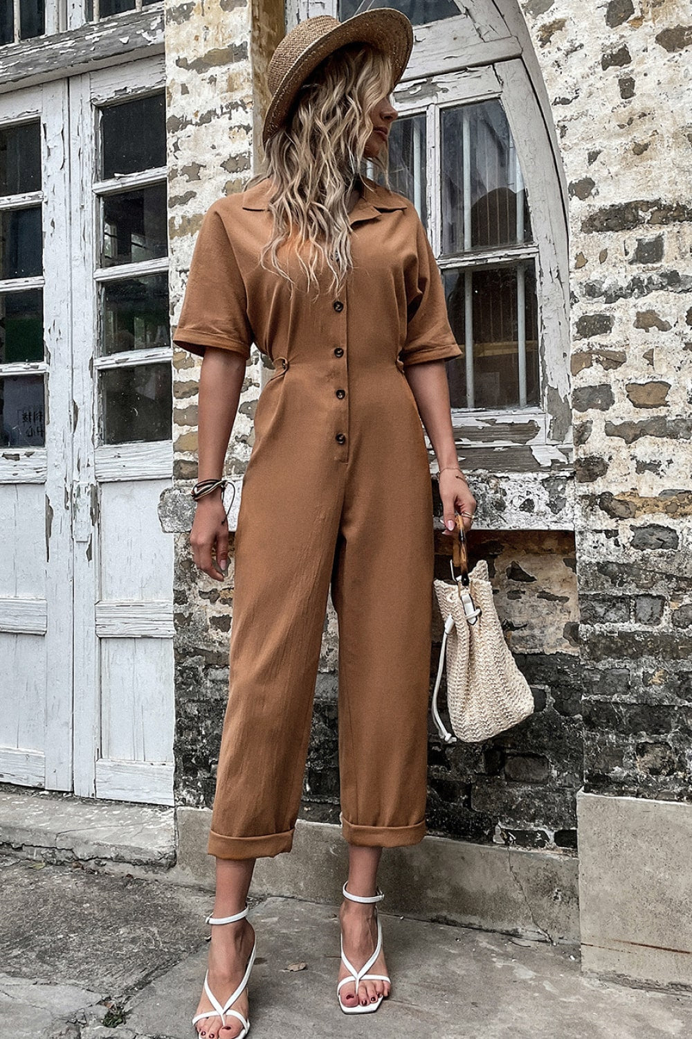 Button Down Half Sleeve Collared Jumpsuit