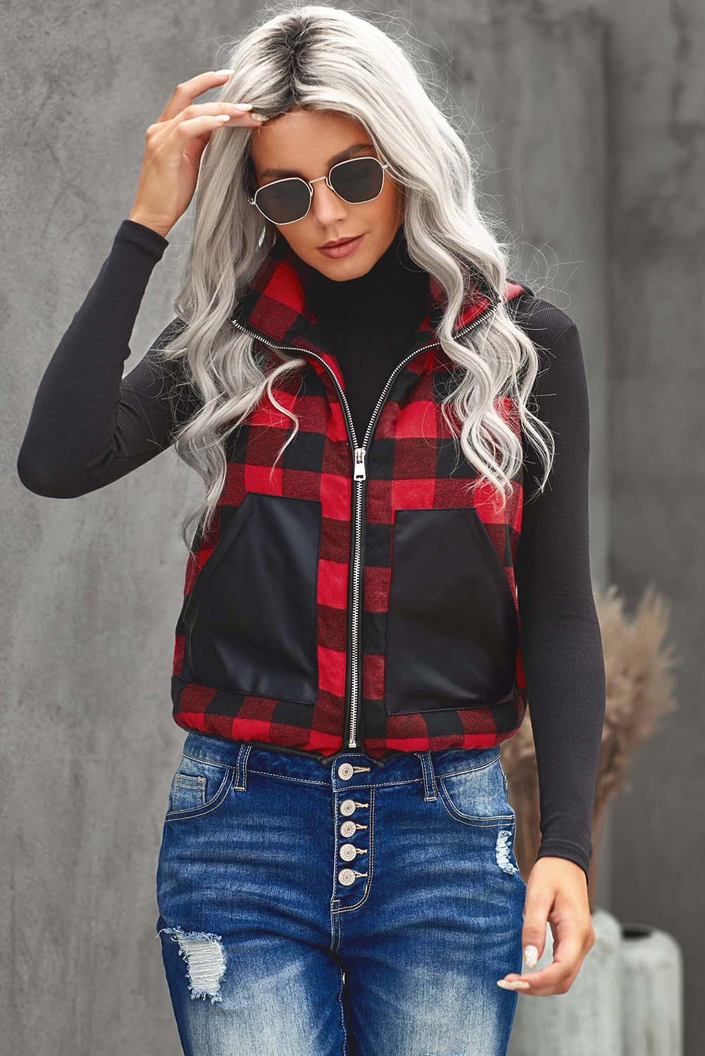 Plaid Zip Up Spliced Vest with Pockets
