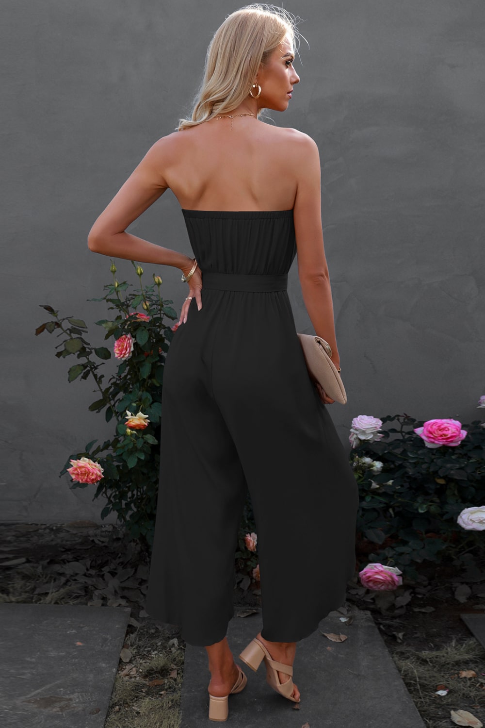 Lace Trim Tie-Waist Strapless Cropped Jumpsuit