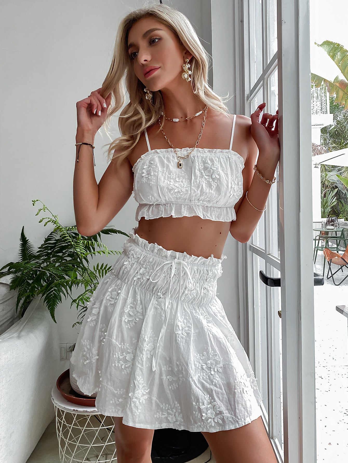 Embroidered Cropped Cami and Mini Skirt Set