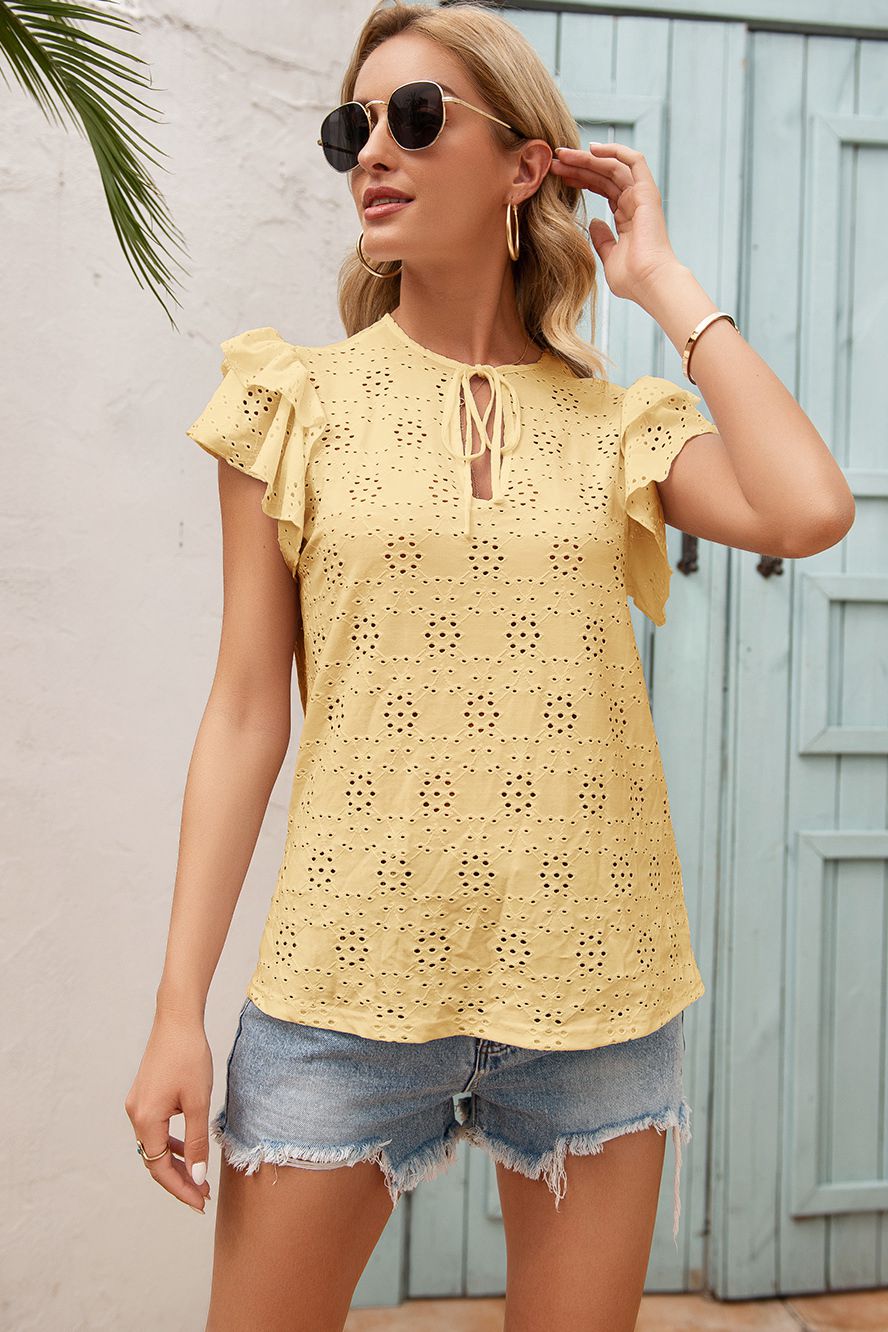 Eyelet Embroidery Tie-Neck Top