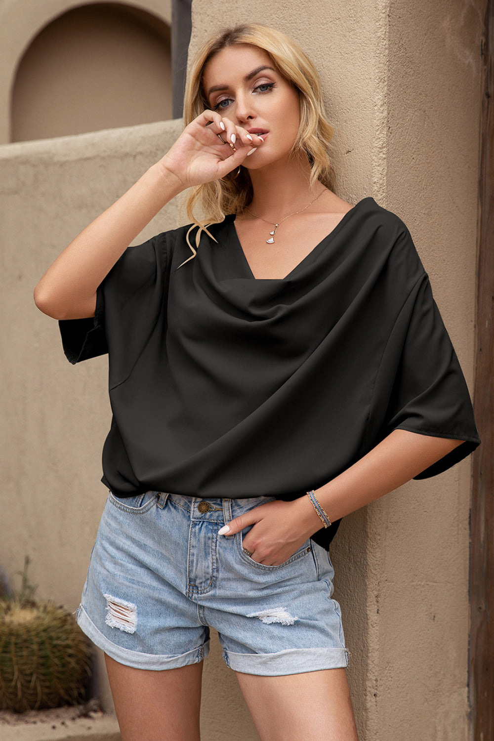 Cowl Neck Batwing Sleeve Top