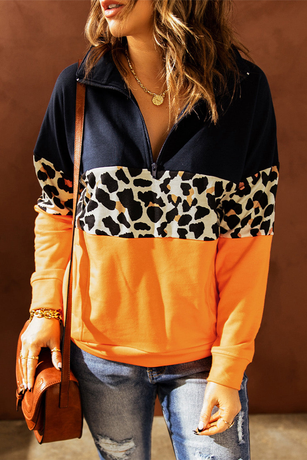 Leopard Color Block Quarter Zip Sweatshirt