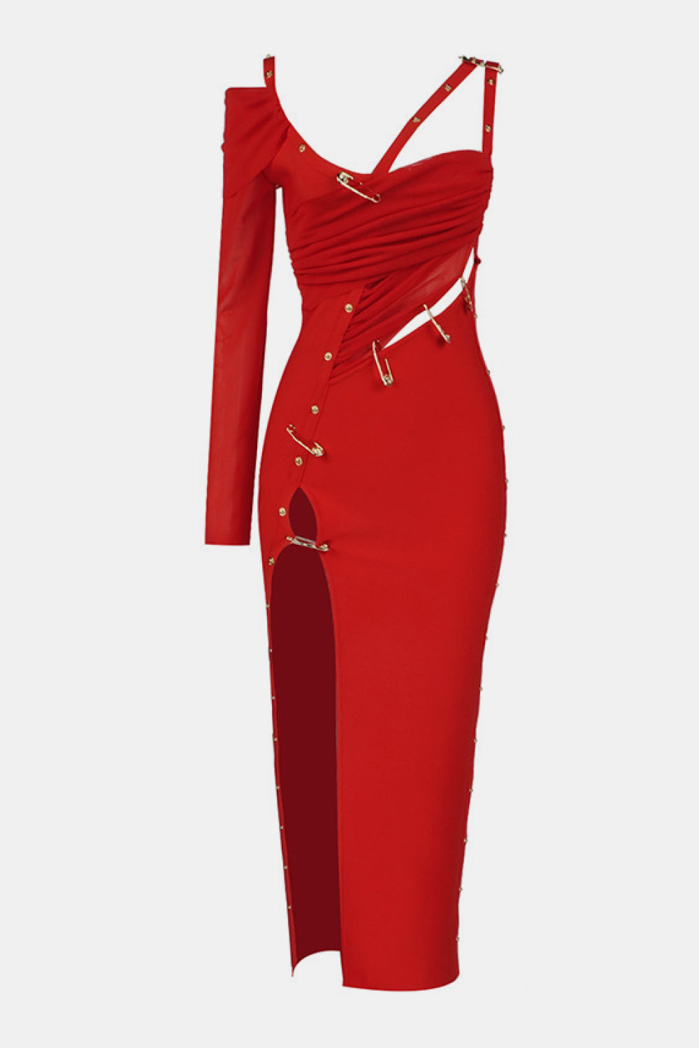 One Sleeve Pin Detail Slit Dress One Sleeve Pin Detail Slit Dress - M&R CORNERDresses Trendsi Red / XS
