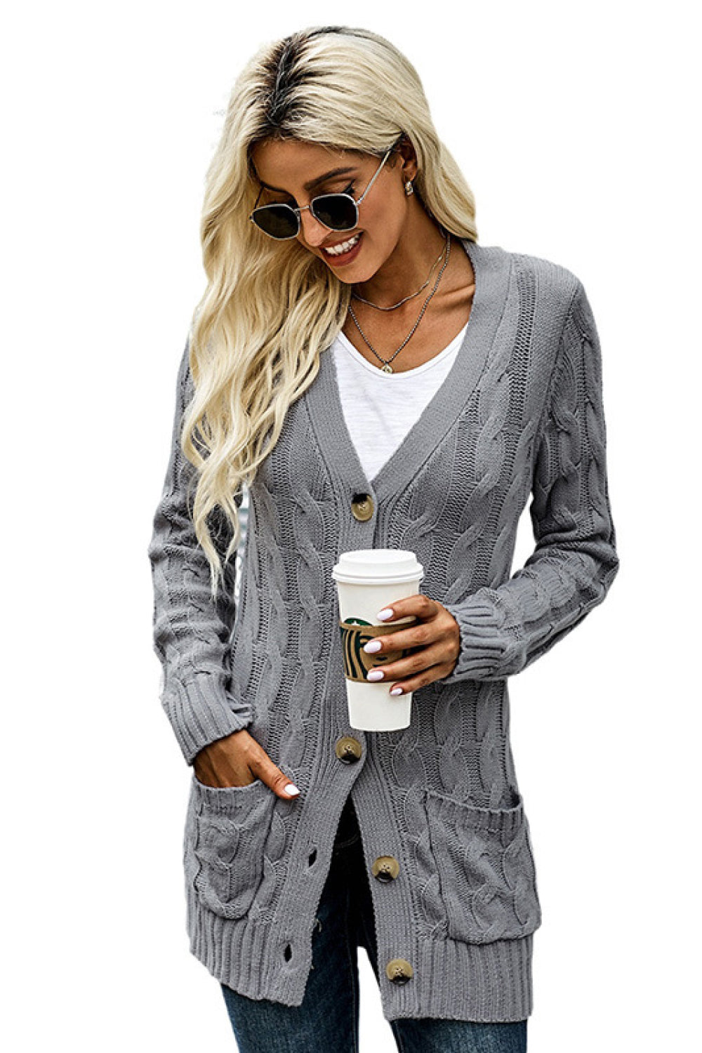 Pocket Button Up Cable Knit Cardigan