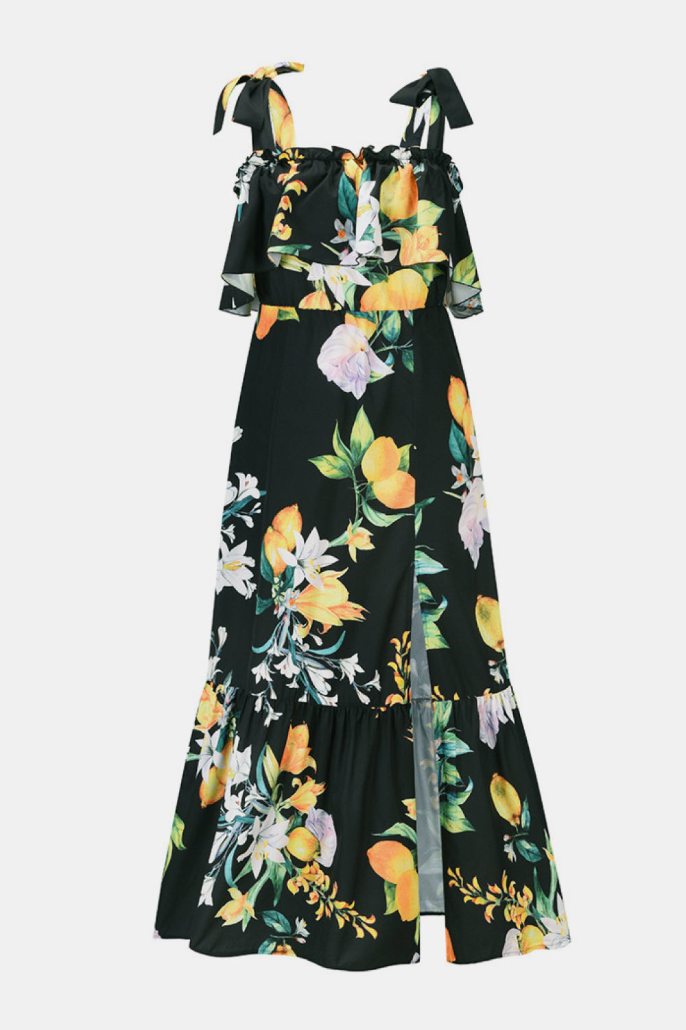 Botanical Print Frill Trim Tiered Maxi Dress