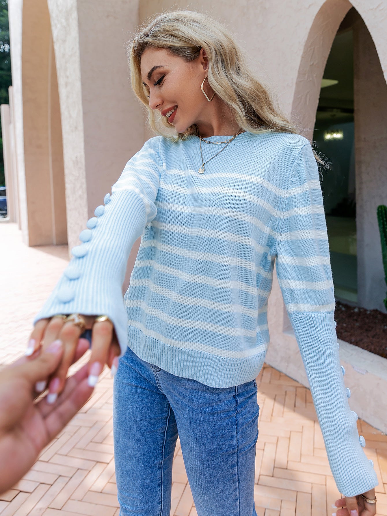 Striped Crewneck Sweater with Decorative Buttons