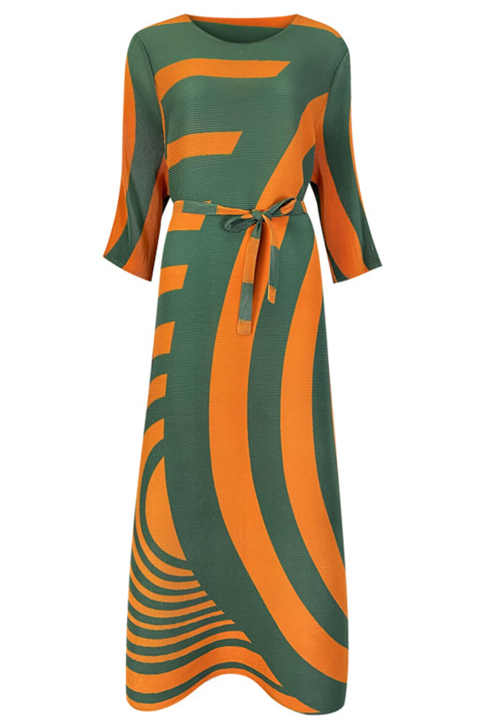Geometric Pleated Three-Quarter Sleeve Maxi Dress