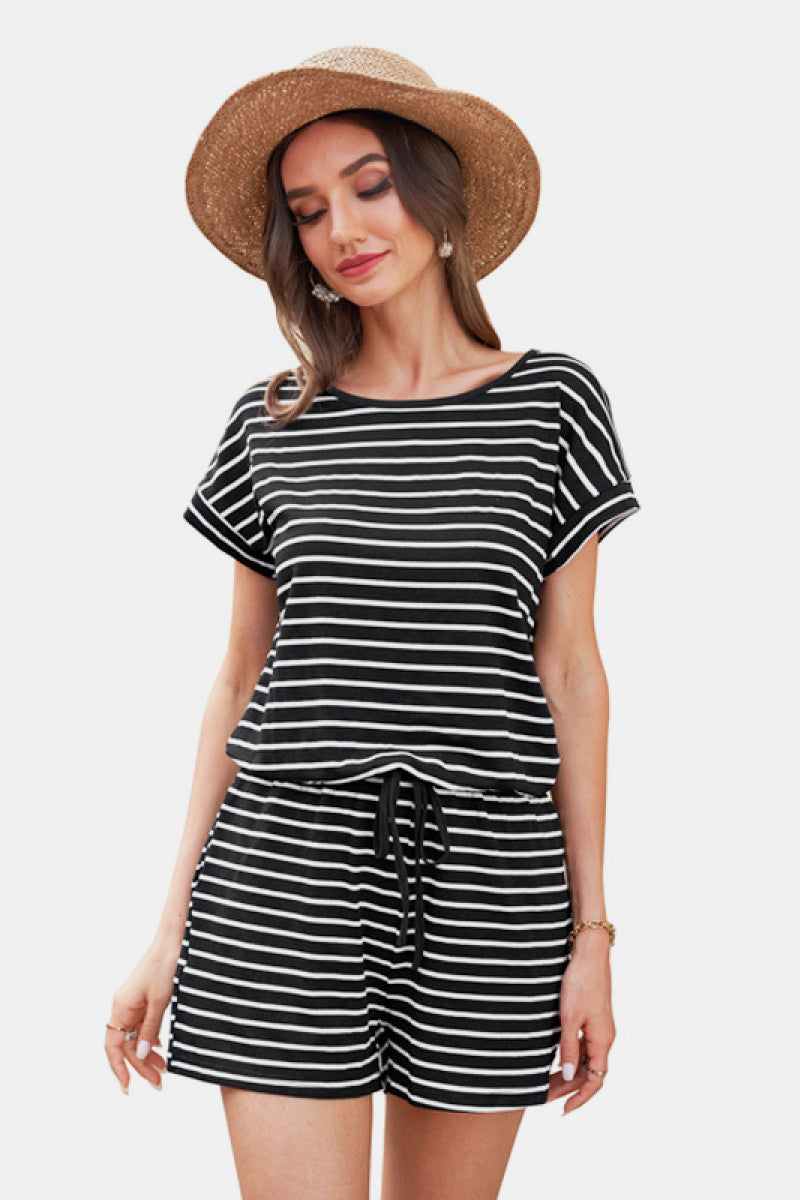 Striped V-Neck Drawstring Waist Romper