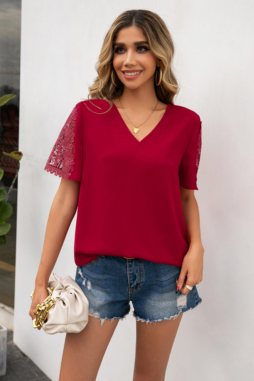 Lace Trim V-Neck Short Sleeve Blouse Lace Trim V-Neck Short Sleeve Blouse - M&R CORNER Trendsi Wine / S