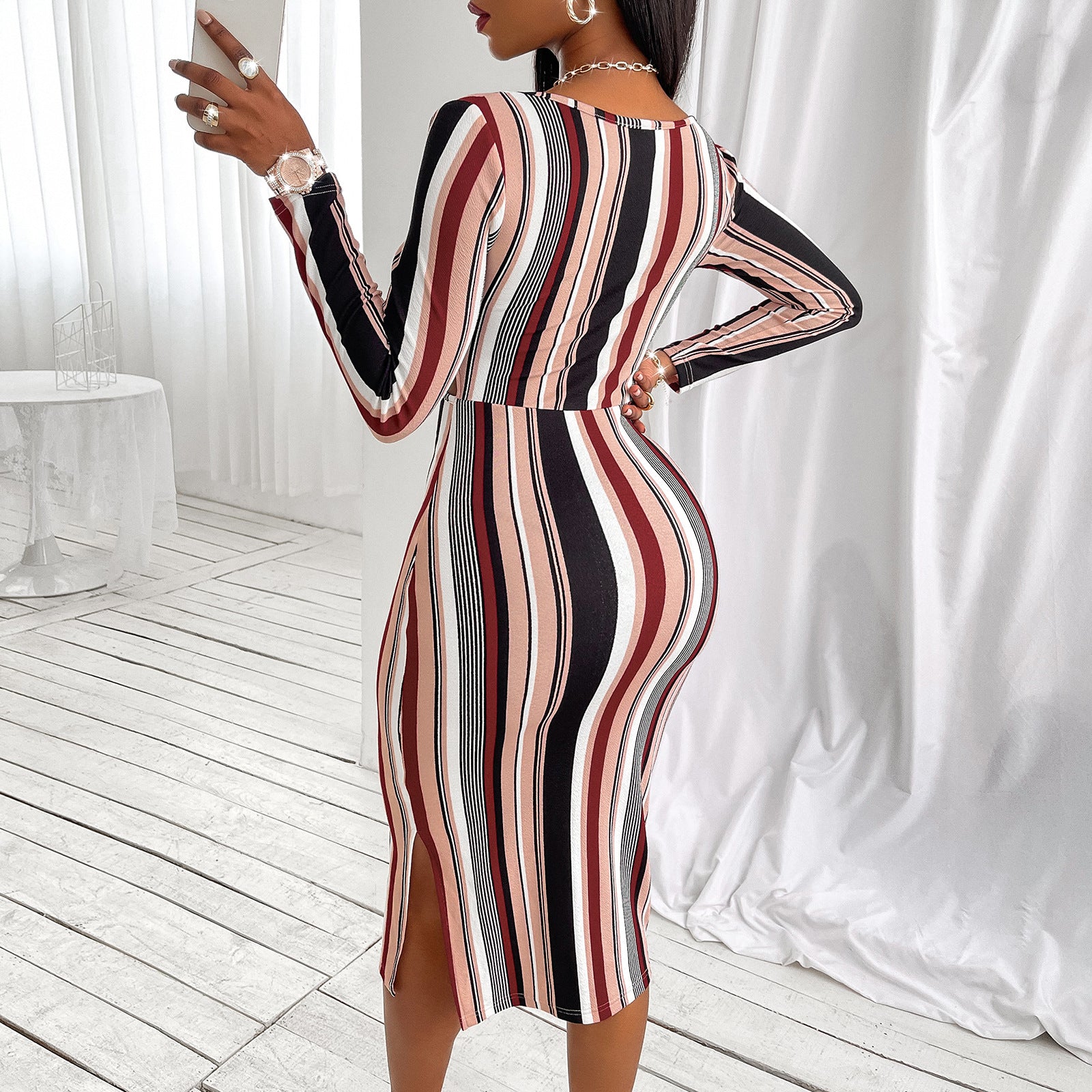 Striped Cutout Side Slit Midi Dress
