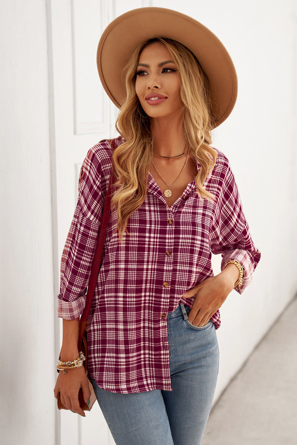 Plaid Button Relaxed Fit Shirt Plaid Button Relaxed Fit Shirt - M&R CORNERTop M&R CORNER Burgundy / S
