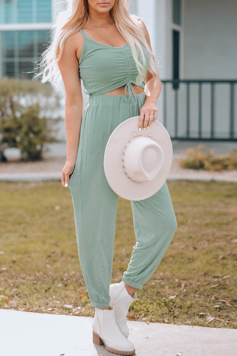 Ruched Spaghetti Strap Cutout Jumpsuit