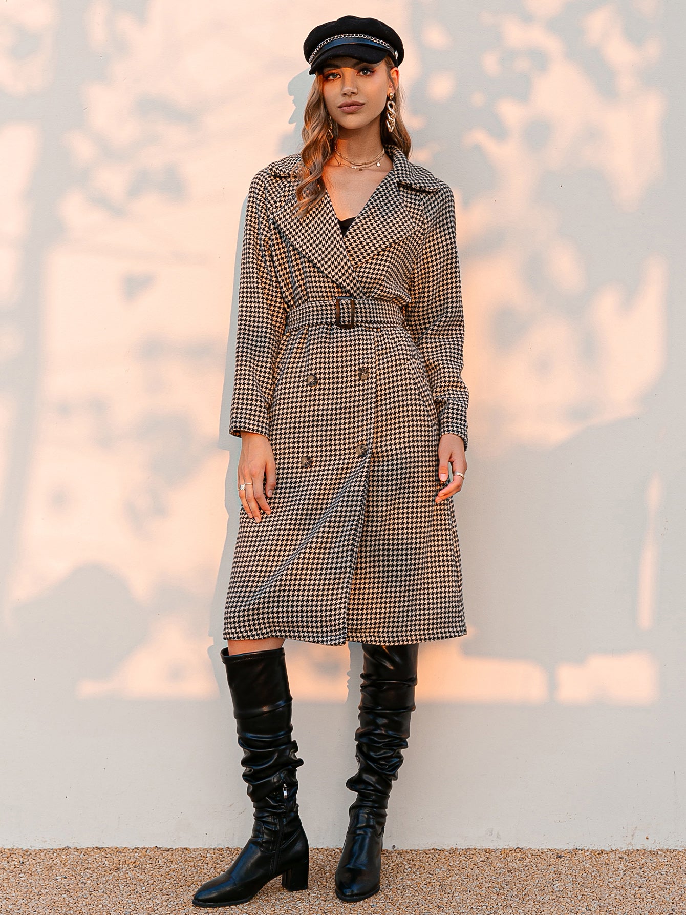 Houndstooth Belted Double-Breasted Trench Coat