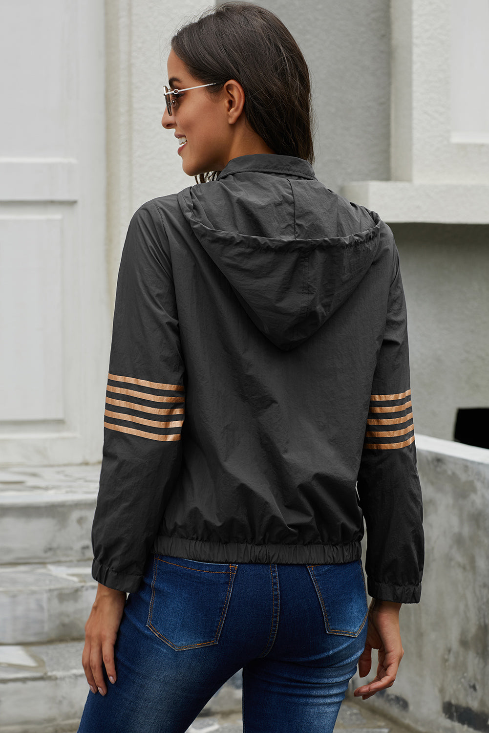 Striped Sleeve Drawstring Jacket with Zipper Pockets