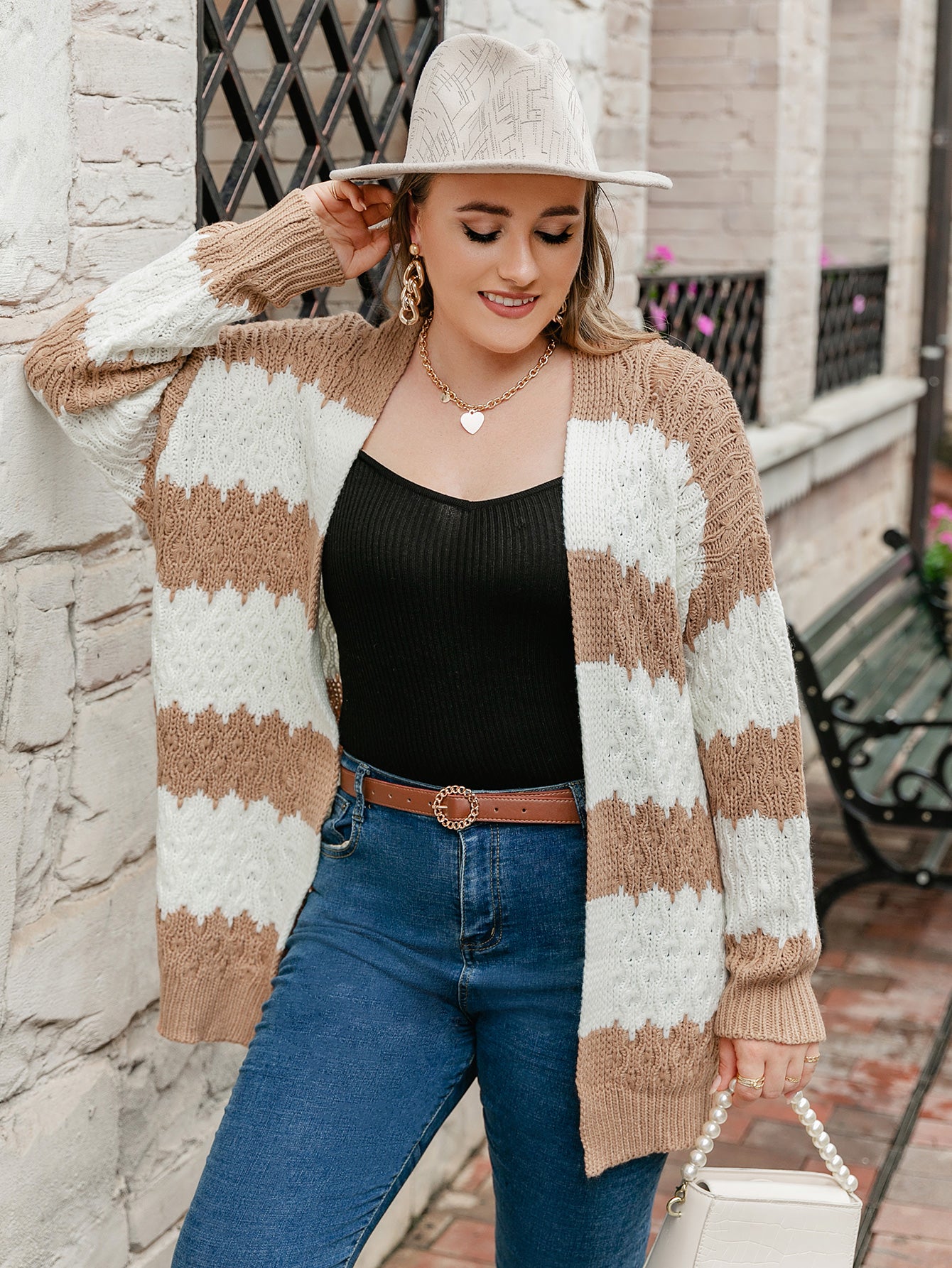 Plus Size Striped Cable-Knit Open Front Cardigan