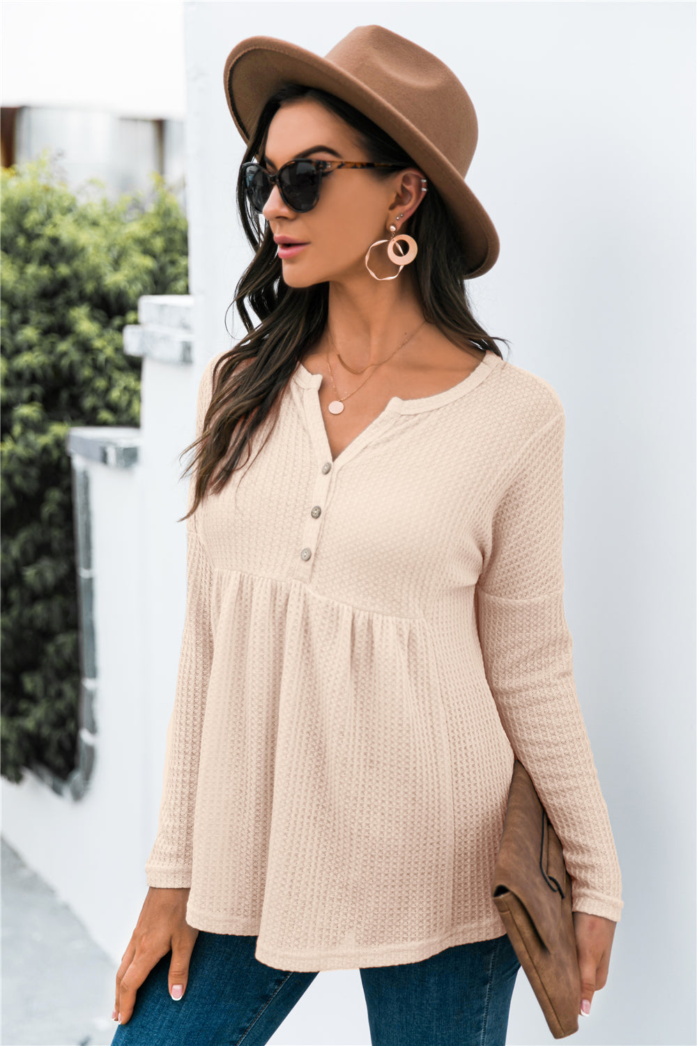 Button Front Waffle Knit Babydoll Top Button Front Waffle Knit Babydoll Top - M&R CORNER Trendsi