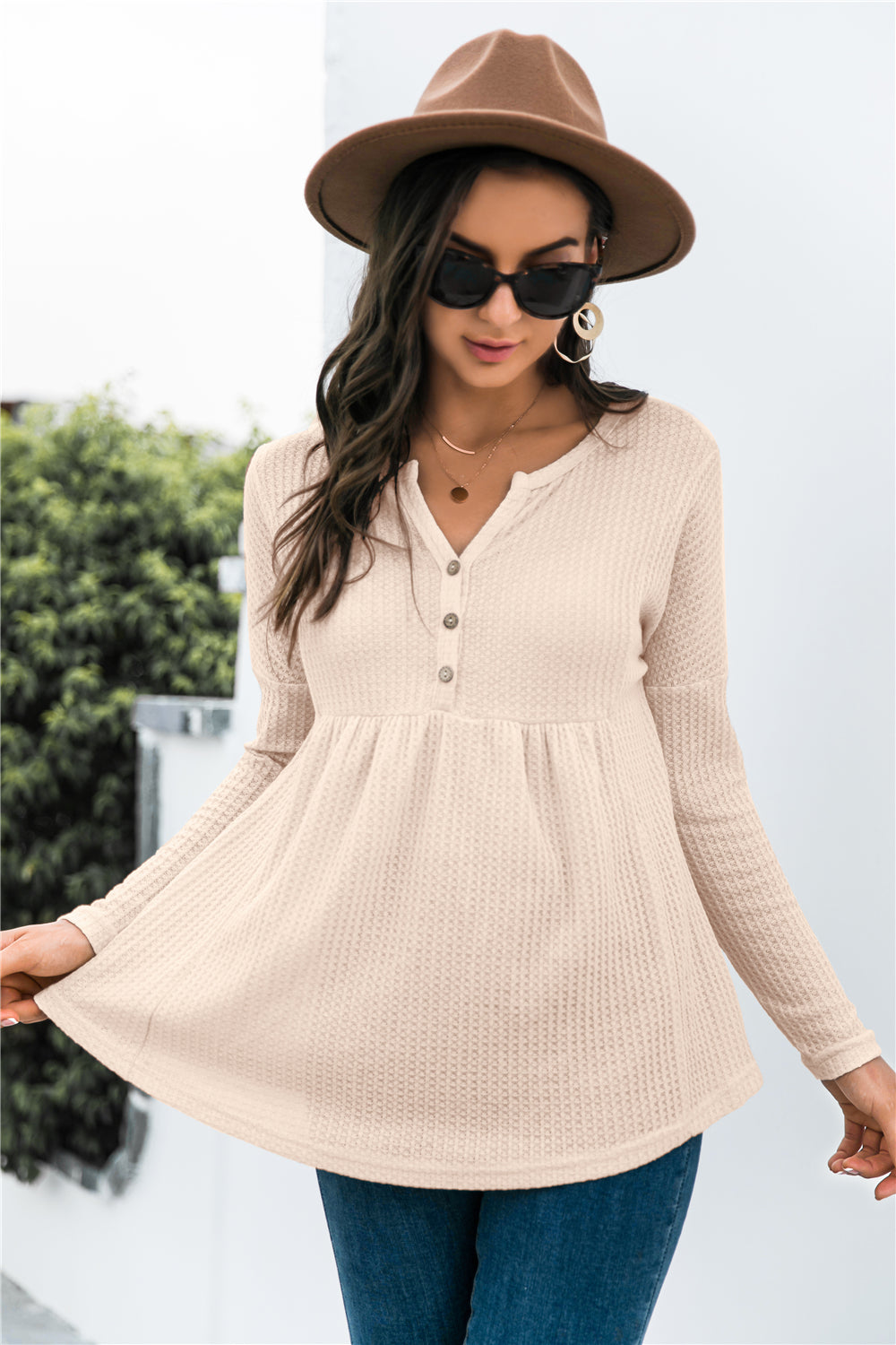 Button Front Waffle Knit Babydoll Top Button Front Waffle Knit Babydoll Top - M&R CORNER Trendsi Apricot / S