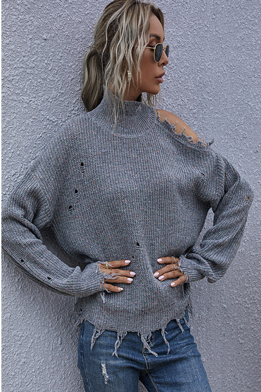 One Shoulder Distressed Sweater One Shoulder Distressed Sweater - M&R CORNER Trendsi Dark Gray / S