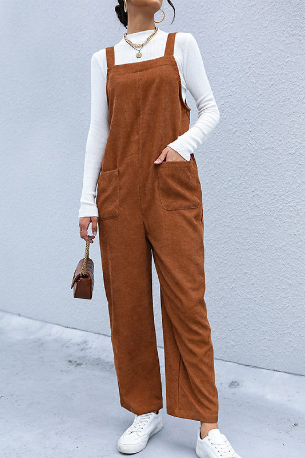 Corduroy Wide Leg Overalls with Pockets