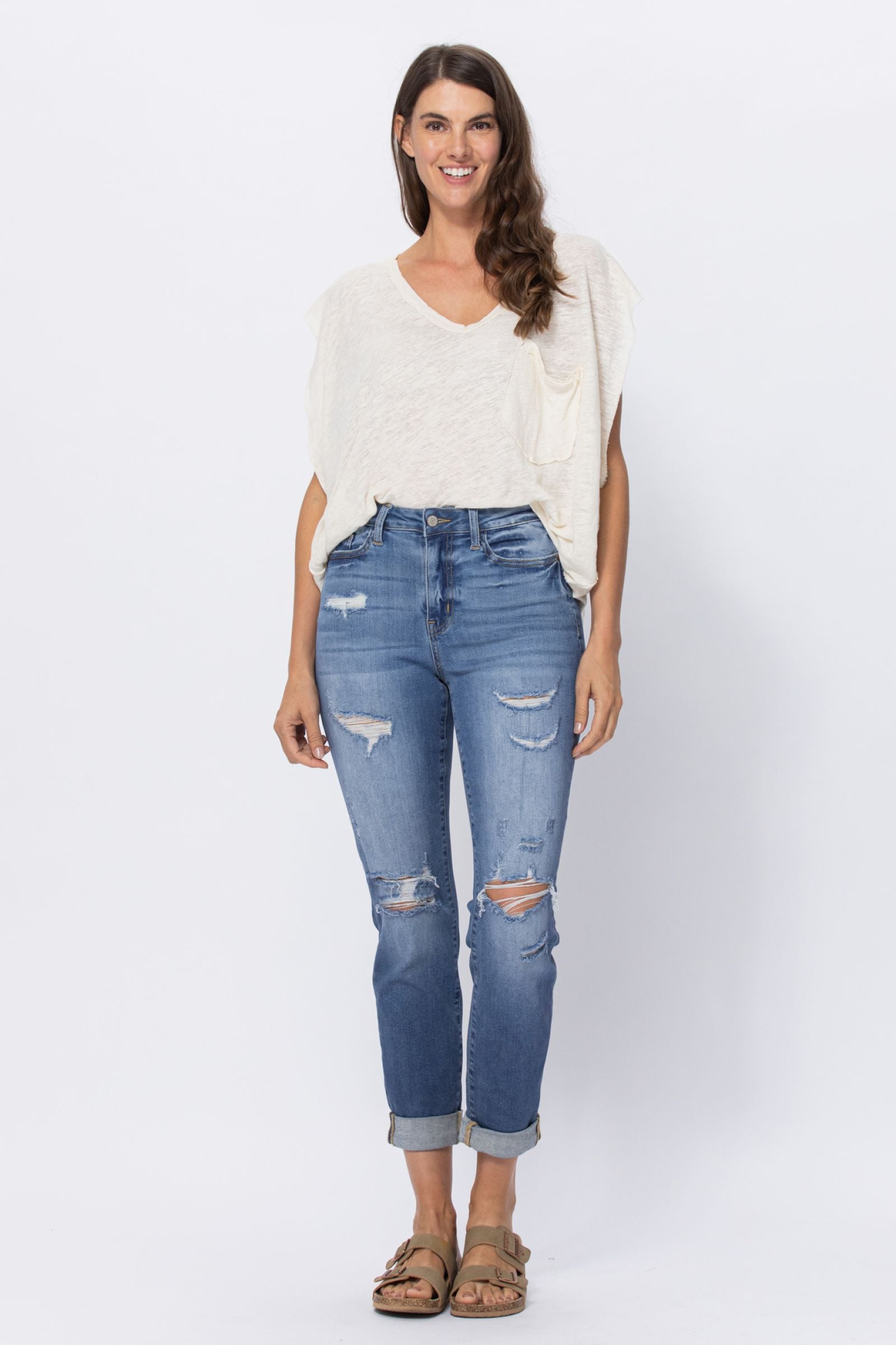 Judy Blue Mid Rise Cuffed Distressed Jeans Judy Blue Mid Rise Cuffed Distressed Jeans - M&R CORNER Trendsi