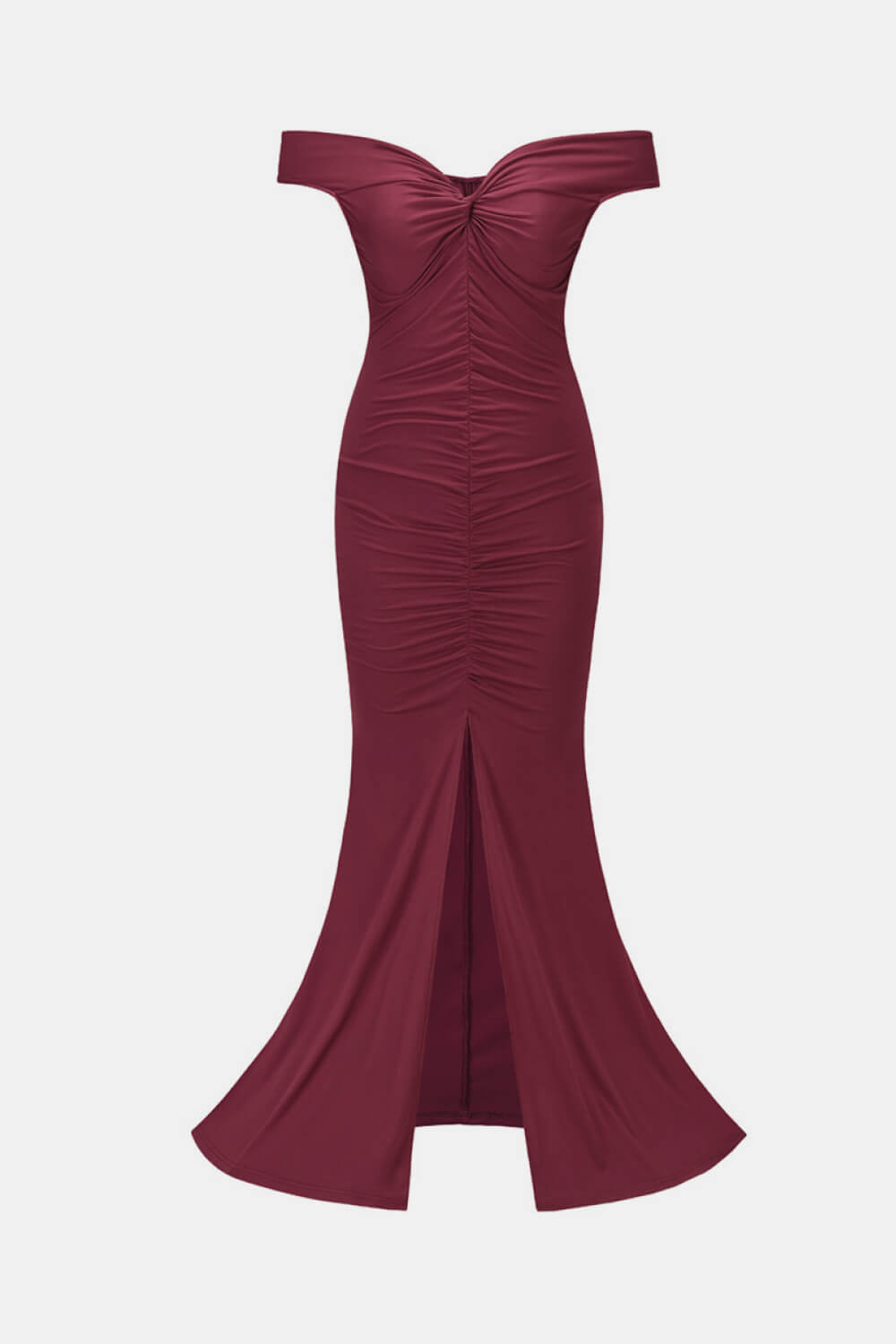 Ruched Off-Shoulder Front Slit Floor-Length Dress