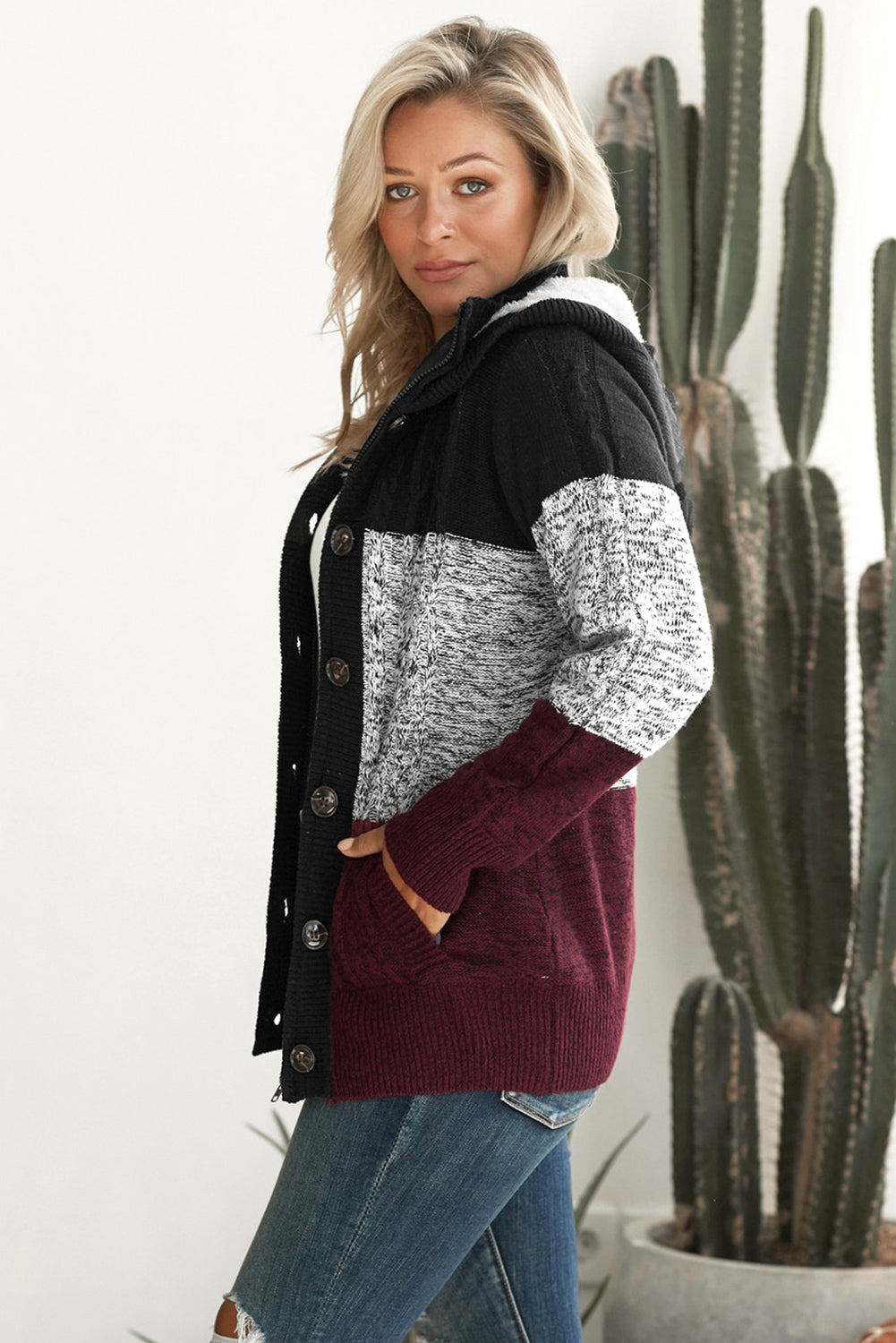 Hooded Cable Knit Fleece Cardigan