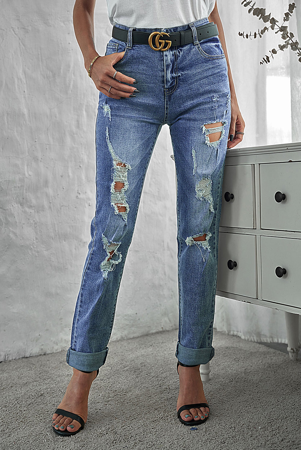 High-rise Distressed Raw Edge Cropped Jeans
