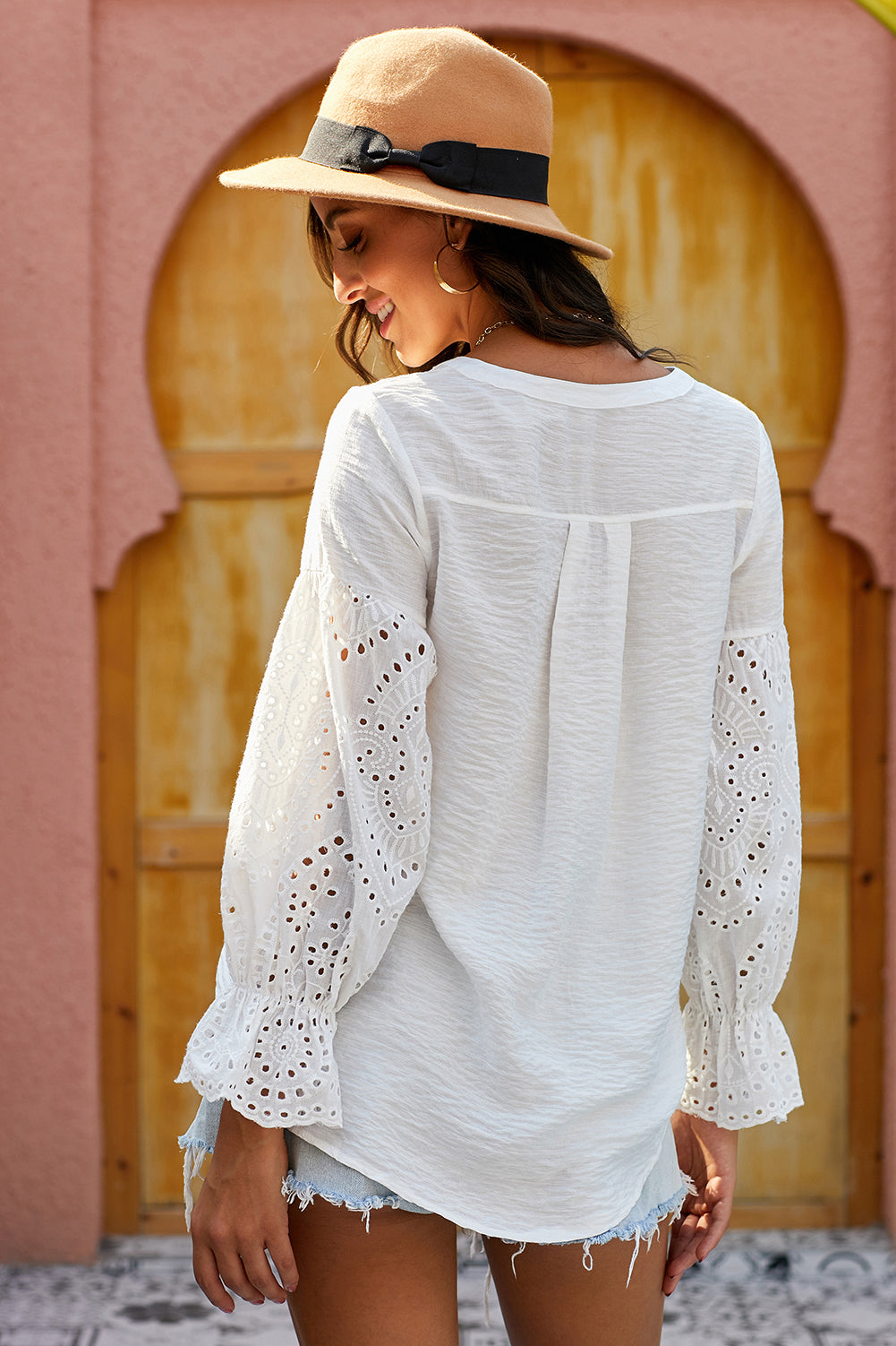 Eyelet Sleeves Button Down Top