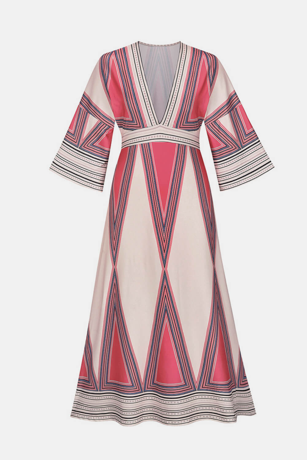 Geometric Print Plunge Bell Sleeve Maxi Dress