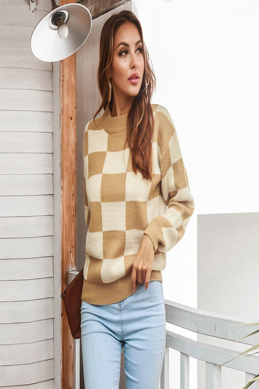 Checkered Two-Tone Dropped Shoulder Crewneck Sweater Checkered Two-Tone Dropped Shoulder Crewneck Sweater - M&R CORNERsweater M&R CORNER