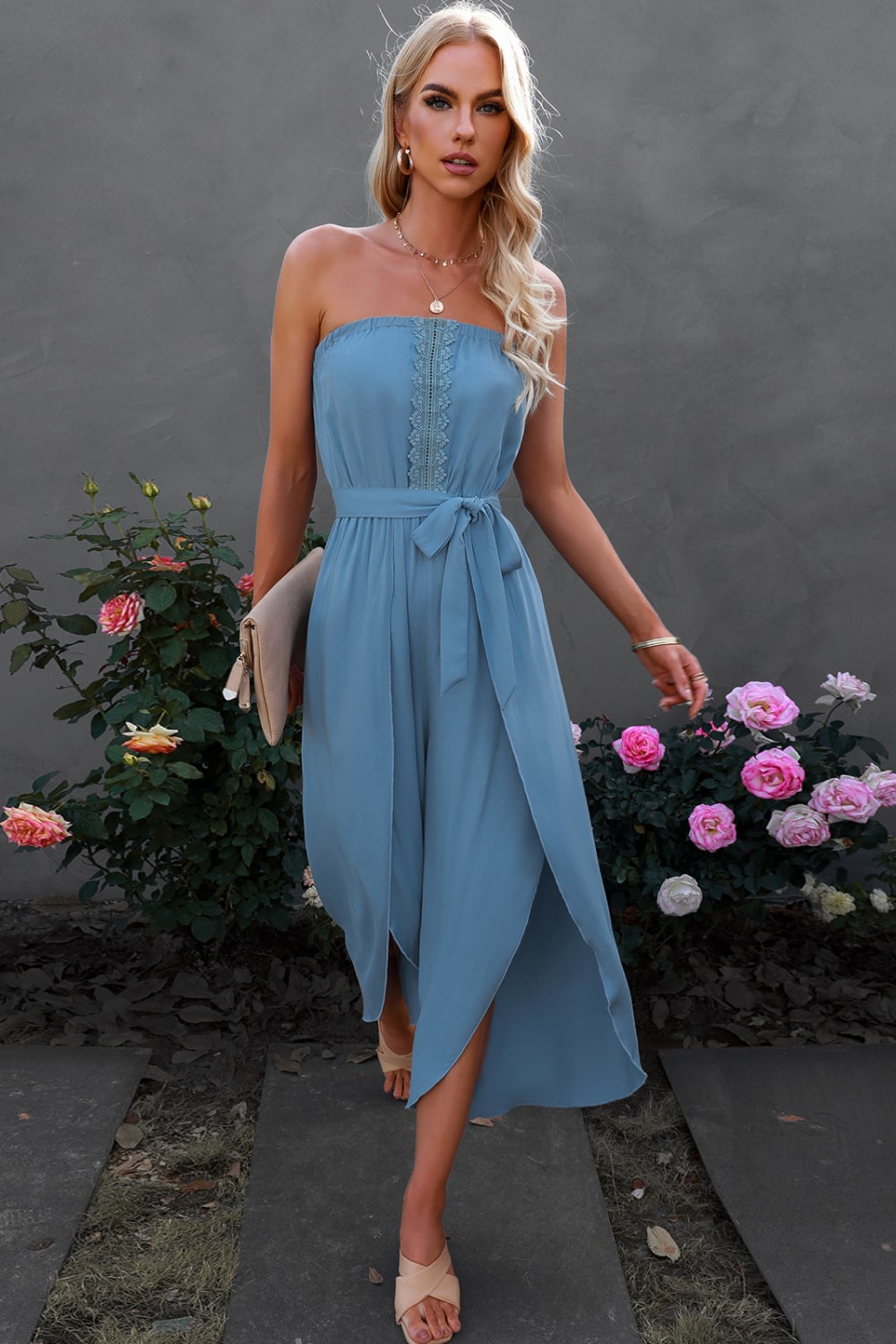 Lace Trim Tie-Waist Strapless Cropped Jumpsuit