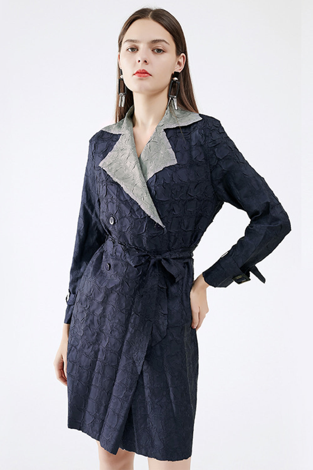Two-Tone Textured Double-Breasted Tie Waist Blazer Dress