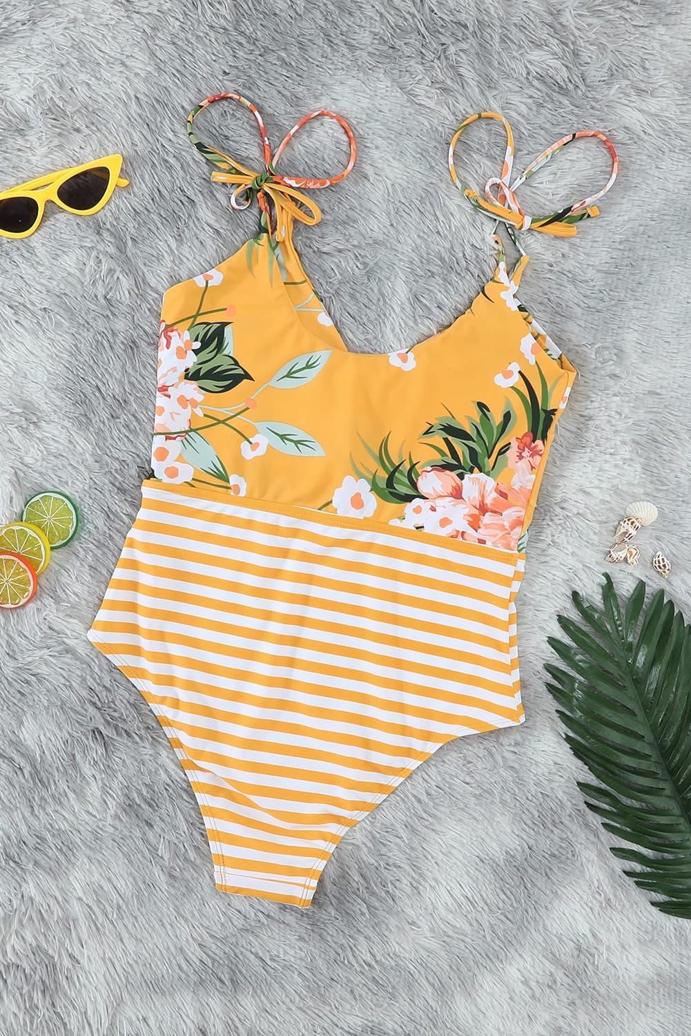 Mixed Print Lace-Up One-Piece Swimsuit