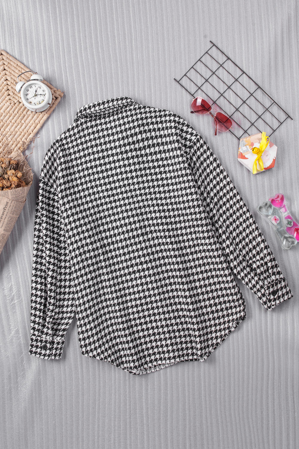 Houndstooth Print Button Front Shirt Jacket