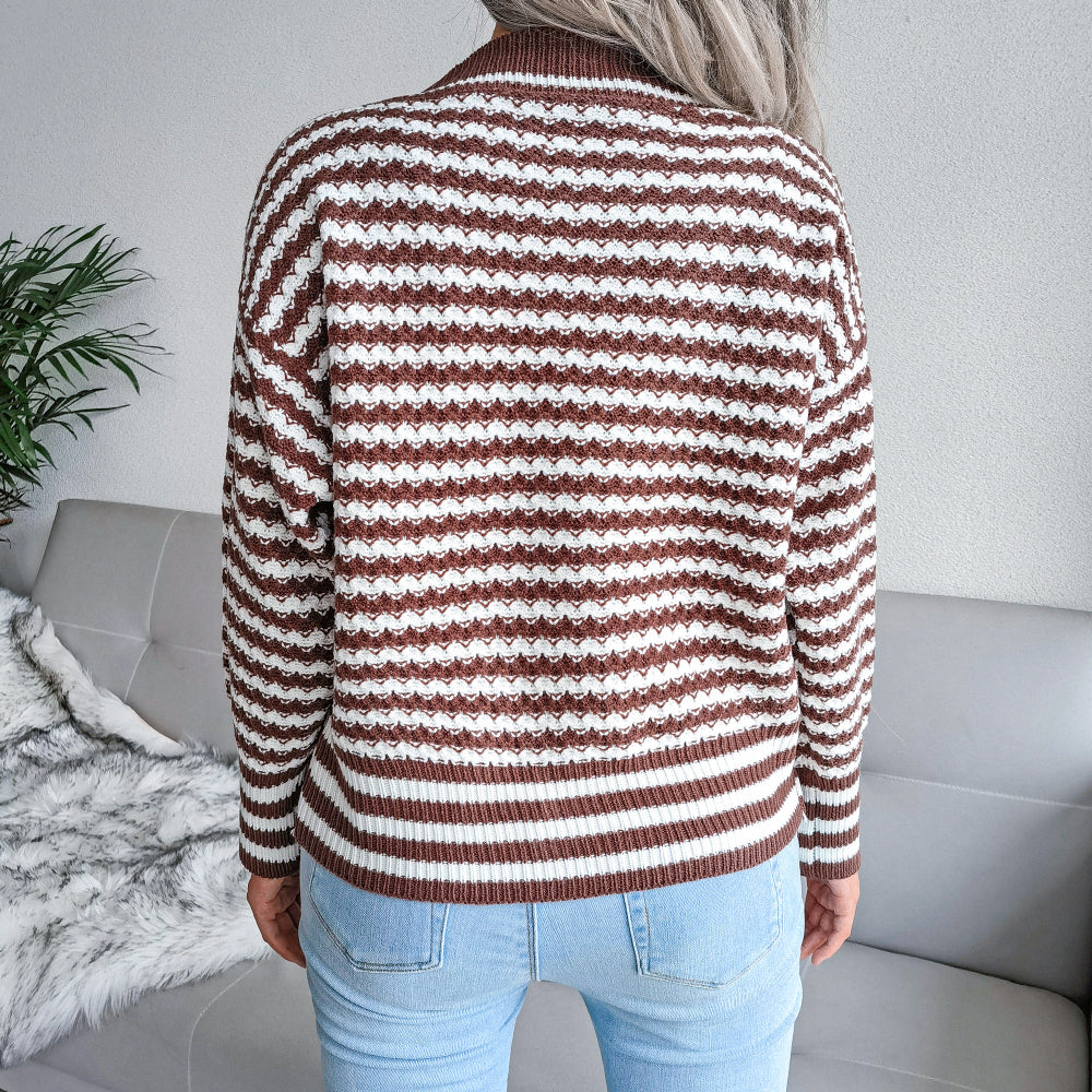 Striped Ribbed Trim Double-Breasted Cardigan
